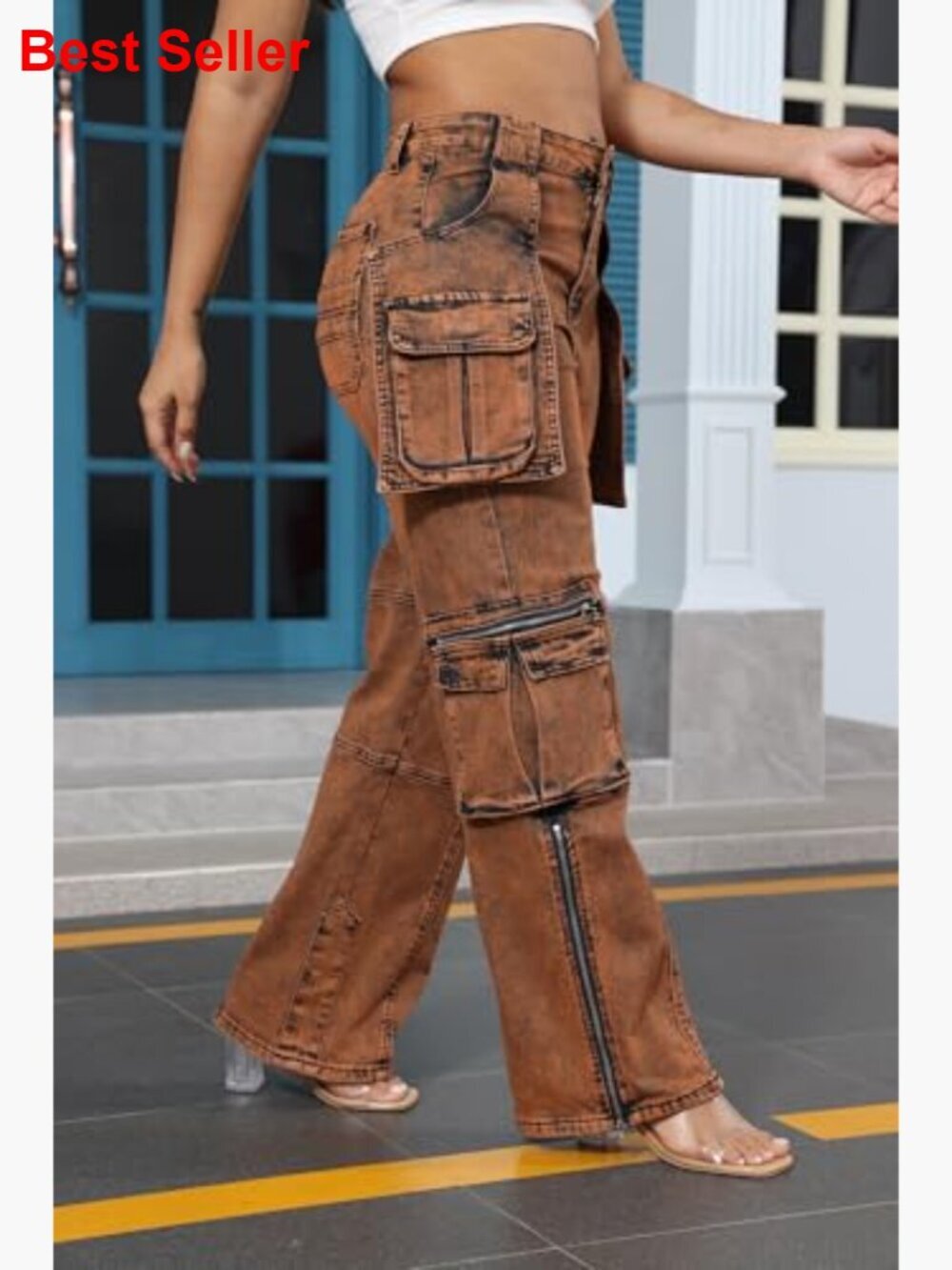 Polyester and Spandex Blend Cargo Pants with Side Zipper and Pockets - Picture 4 of 7